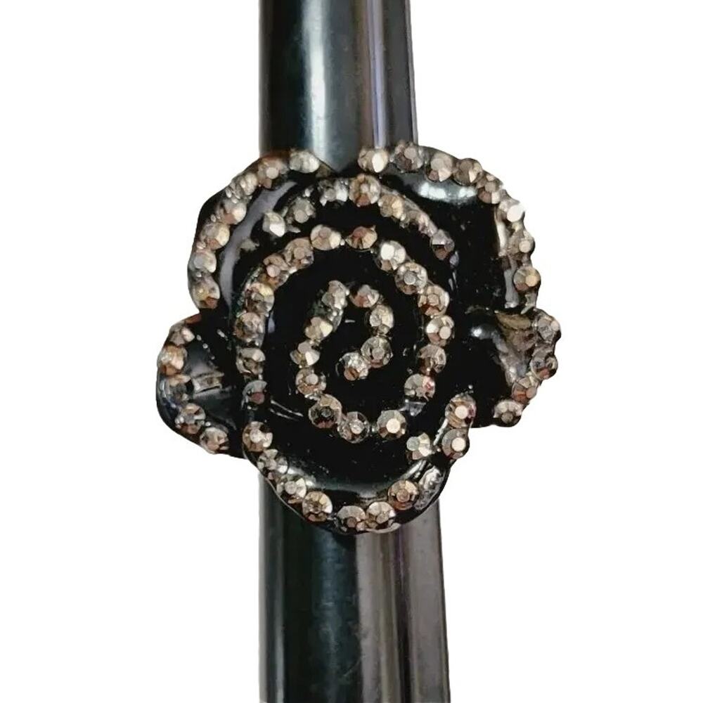 Black & Silver Rose Ring, Size 10.5 Black Lucite Chunky Floral Diva r-7